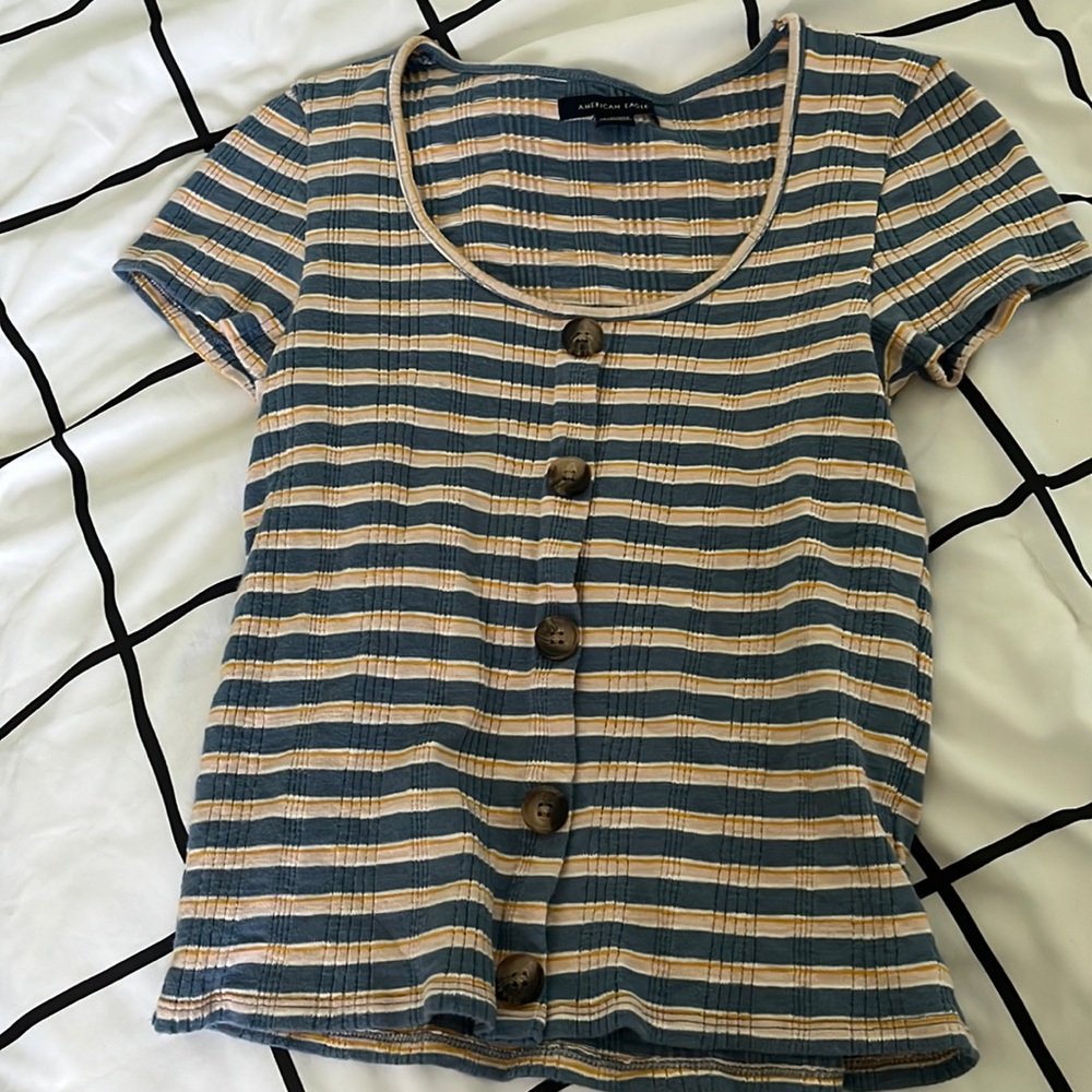 American eagle extra small blue white and yellow striped button down shirt